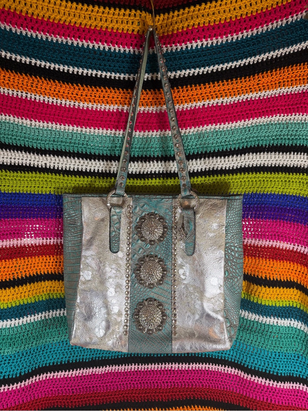 Raviani Silver and Teal Embossed Tote with Decorative Medallions